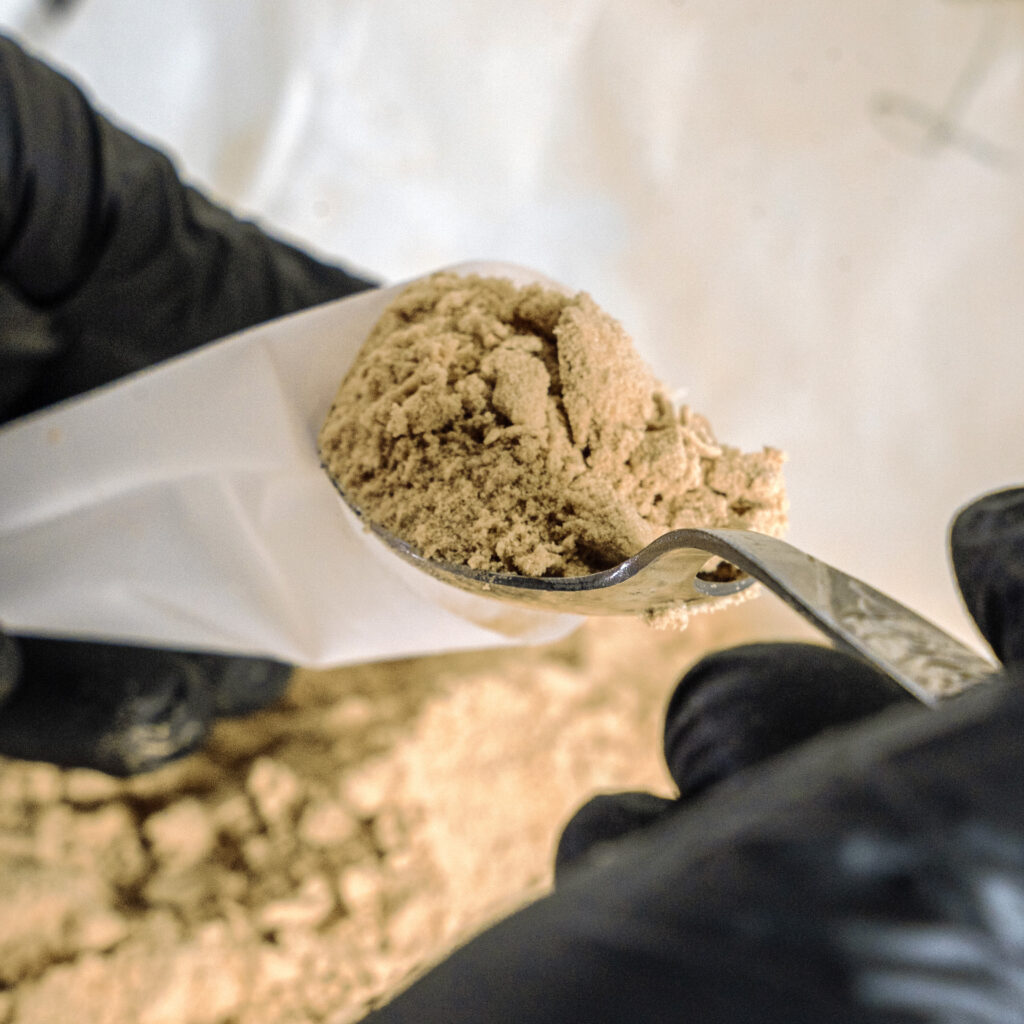 loading kief into filter bag for pressing