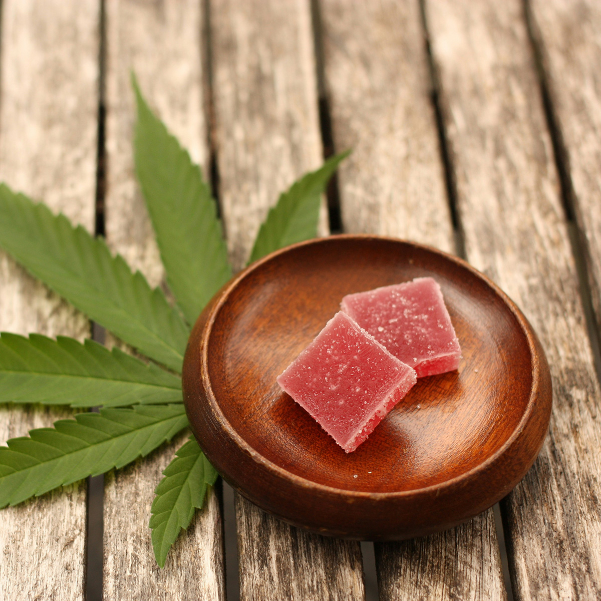 edibles in a small bowl atop cannabis leaf